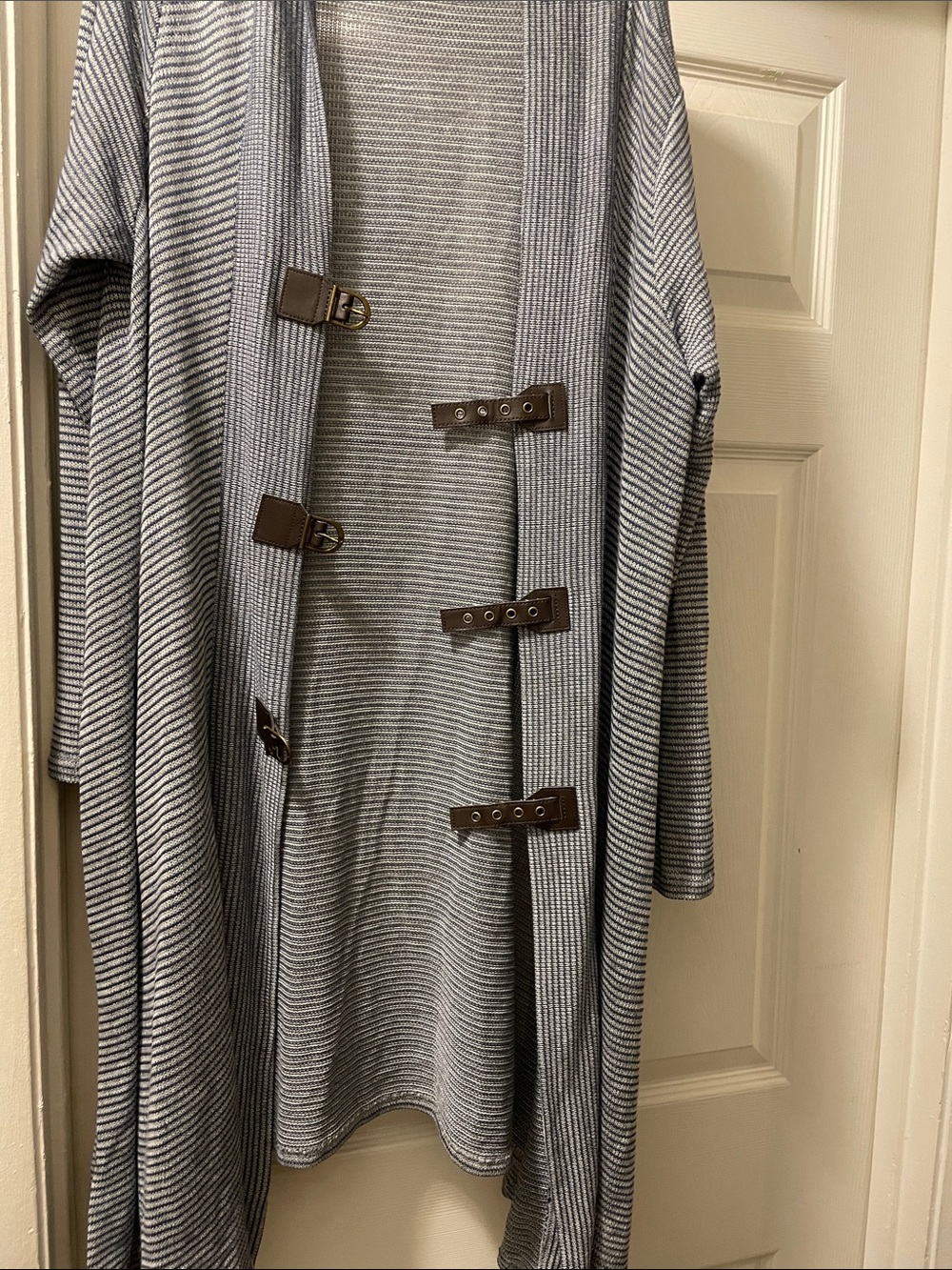 Simply Noelle Gray Striped Open-Front Cardigan with Buckle Accents